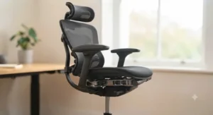 A three-quarter view of the same ergonomic office chair, now in its fully extended and upright position. The image focuses on the robust structure and the visible, detailed mechanical linkages that support the seat and backrest, ready for use.
