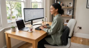 A professional woman with good posture sitting at the desk from image_0.png, using the lumbar support cushion on a different, minimalist office chair.