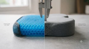 Close-up studio macro photograph comparing the internal structures of the two cushion materials: a translucent blue honeycomb gel grid and dense grey visco-elastic memory foam, measured by callipers.
