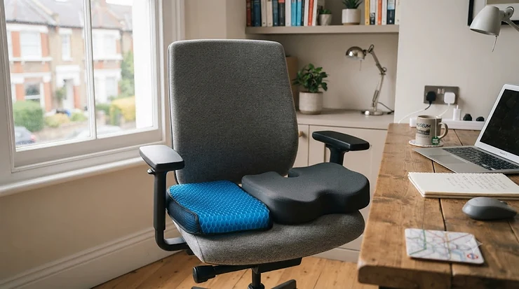 e-by-side comparison of a blue gel seat cushion and a grey memory foam seat cushion placed on an ergonomic office chair in a bright UK home workspace. gel seat cushion vs memory foam seat cushion