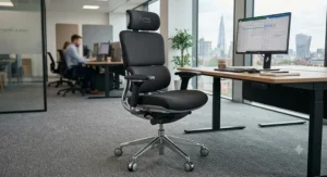 A robust ergonomic office chair designed for heavy people in a modern British workplace