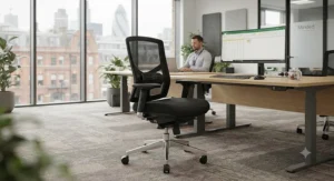 Ergonomic heavy duty office chair with advanced lumbar support in a modern British workplace