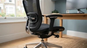 Close-up of adjustable lumbar support on a heavy-duty office chair tailored for extra comfort.