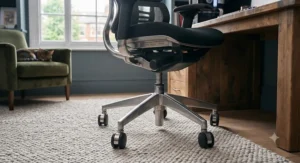 Heavy-duty operator chair with a reinforced steel base and gas lift cylinder for enhanced safety