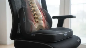 Diagram illustrating spinal alignment when using a lumbar support cushion in an office chair.