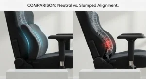Side-by-side studio comparison showing a skeletal model slumped in the gaming chair (right) versus perfectly aligned with the lumbar support cushion (left).