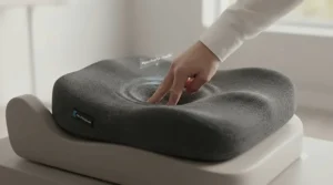 High-density memory foam inside a supportive seat cushion for long car journeys and pressure relief.