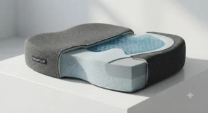 Cross-section of a high-density memory foam office chair cushion showing pressure relief layers.