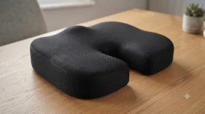 Close-up of a contoured memory foam cushion showing the U-shaped cutout for pressure relief