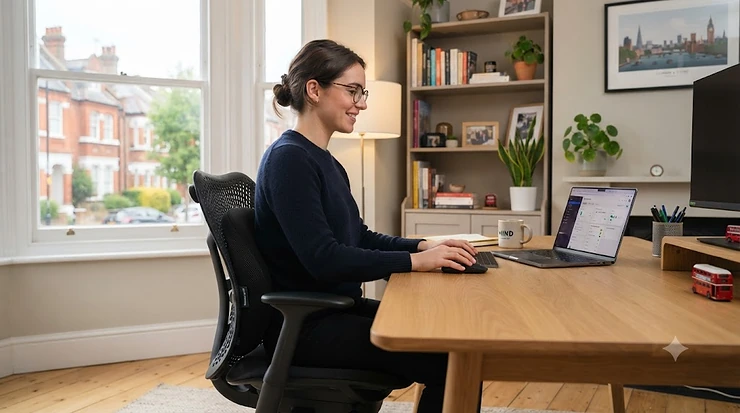 Ergonomic mesh lumbar support cushion attached to an office chair in a home workspace, designed for back pain relief. mesh lumbar support cushion