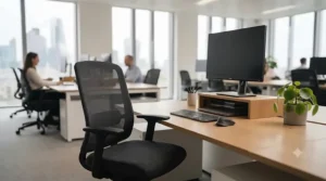Breathable mesh standard height office chair positioned neatly at a minimalist corporate workstation.