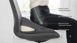 A professional person sitting upright at a desk, using an ergonomic wedge cushion for posture support on an office chair.