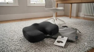 Orthopaedic coccyx cushion and carry bag laid out on a sofa ready for use