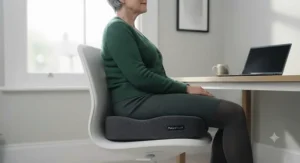 Person sitting comfortably at a desk using an orthopaedic seat cushion for lower back pain relief.
