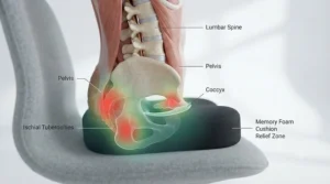 Diagram illustrating proper pelvic alignment and reduced pressure on the tailbone while seated