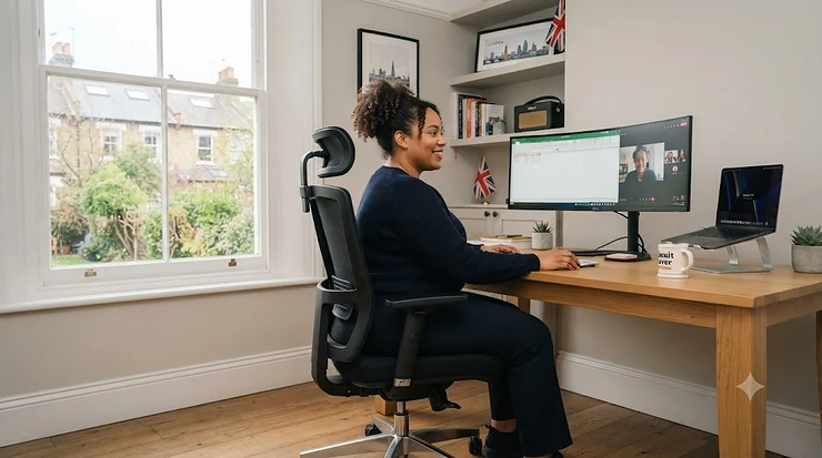 A high-back ergonomic plus size office chair in a modern UK home office setup, offering heavy-duty lumbar support and comfort. plus size office chairs