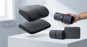 The memory foam lumbar cushion compressed and packed into its compact travel bag, resting next to a closed laptop and accessories on a white surface.