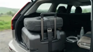 Portable and lightweight seat cushion for long car journeys packed for a UK road trip.