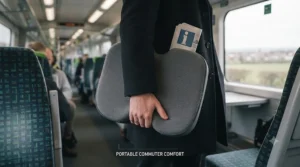A person carrying the grey ergonomic memory foam cushion in a protective case, boarding a modern British commuter train with fabric seating and a view of the countryside.
