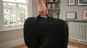 Portable seat cushion featuring a built-in carry handle for easy travel and storage