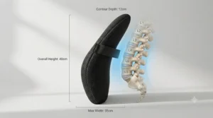 Diagram illustrating the contoured shape and ergonomic dimensions of a posture correction back support pillow.