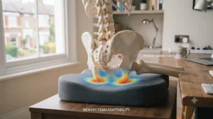 An anatomical skeleton pelvis model seated on the grey memory foam cushion, overlaid with a pressure distribution heat map showing balanced weight support and reduced pressure points.