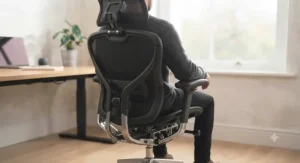 A rear-view photograph of a person in a grey jumper seated correctly in the ergonomic office chair, demonstrating good posture. The complex exoskeleton frame, the lumbar support adjustment, and the aluminium base are clearly visible against the backdrop of a light-filled home office.