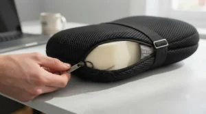 Unzipping the removable, machine-washable fabric cover on a ventilated mesh lumbar support cushion.