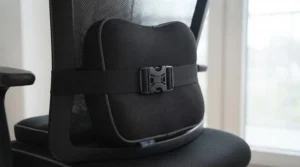 Dual adjustable straps on the back of the lumbar support cushion for secure attachment to any office seat.