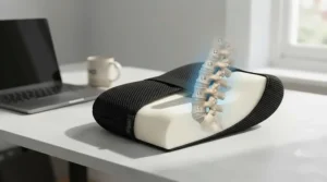 Medical illustration showing proper spine alignment and lumbar curve support while using a mesh back cushion.
