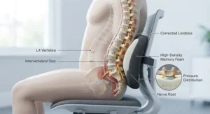 Illustrative diagram showing proper spinal alignment and lower back posture support while sitting at a desk.