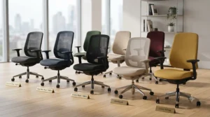 A collection of standard height office chairs in neutral grey, black, and navy fabric options.