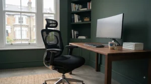 A stylish, heavy-duty office chair positioned neatly at a contemporary wooden desk in a London flat.