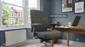 Stylish grey fabric wide seat office chair neatly tucked under a minimalist wooden desk in a contemporary British study.
