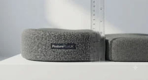 Side profile of a thick, supportive desk chair cushion demonstrating its firmness and height.