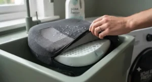 The textured dark grey fabric cover being unzipped and removed from the memory foam lumbar cushion, with a clean utility sink in the background.