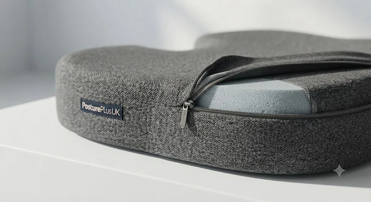Close-up of a durable, machine-washable zip cover on a grey office chair cushion.