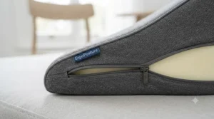 Close-up view of the zip mechanism on the grey wedge cushion, showing the removable and washable cover being slightly unzipped.