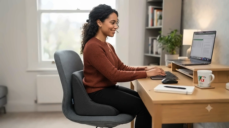 Ergonomic wedge cushion for posture placed on an office chair to support lower back alignment in a home office setting. wedge cushion for posture