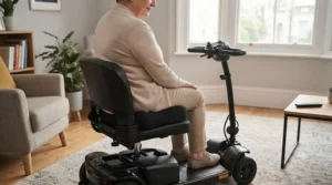 Supportive coccyx cushion placed on a wheelchair to help ease sitting discomfort