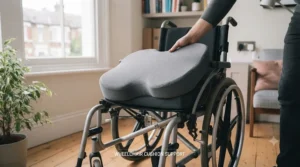 The grey ergonomic memory foam seat cushion being carefully placed onto the seat of a manual mobility wheelchair within a bright living room.