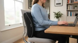 A comfortable home office setup featuring a supportive back cushion placed on a modern desk chair.
