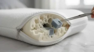 Demonstration of removable memory foam inserts used to customise the height and firmness of the pillow.