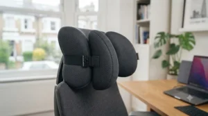 Close-up of a memory foam neck support pillow fitted securely to an office chair headrest