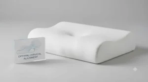 Diagram showing proper spinal alignment and head positioning while sleeping on a cervical support pillow.