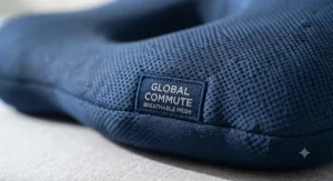 Close-up of the breathable, moisture-wicking fabric cover on a British-designed travel pillow.