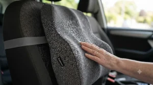 Ergonomic back support cushion fitted onto a car passenger seat for comfortable travelling.