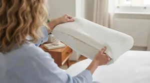 Freshly laundered breathable pillowcase being slipped back onto an ergonomic cervical support pillow.