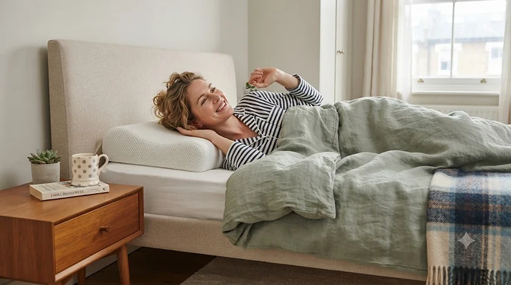 Ergonomic cervical support pillow designed for neck pain relief, featuring breathable memory foam on a neutral bed setup. cervical support pillow