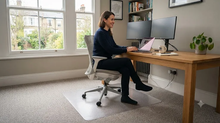 A heavy-duty chair mat protecting a carpeted home office floor in the UK chair mat for carpet